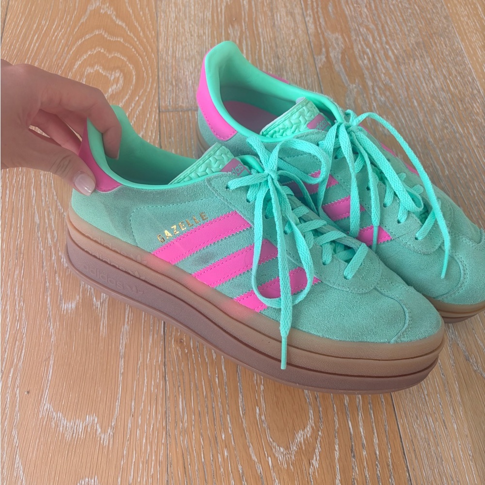 adidas Women's Mint Green and Hot Pink Suede Sneakers - Picture 2 of 5